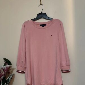 Tommy Hilfiger Dusty Pink Long-Sleeve Crewneck Tee with Stripe Cuffs